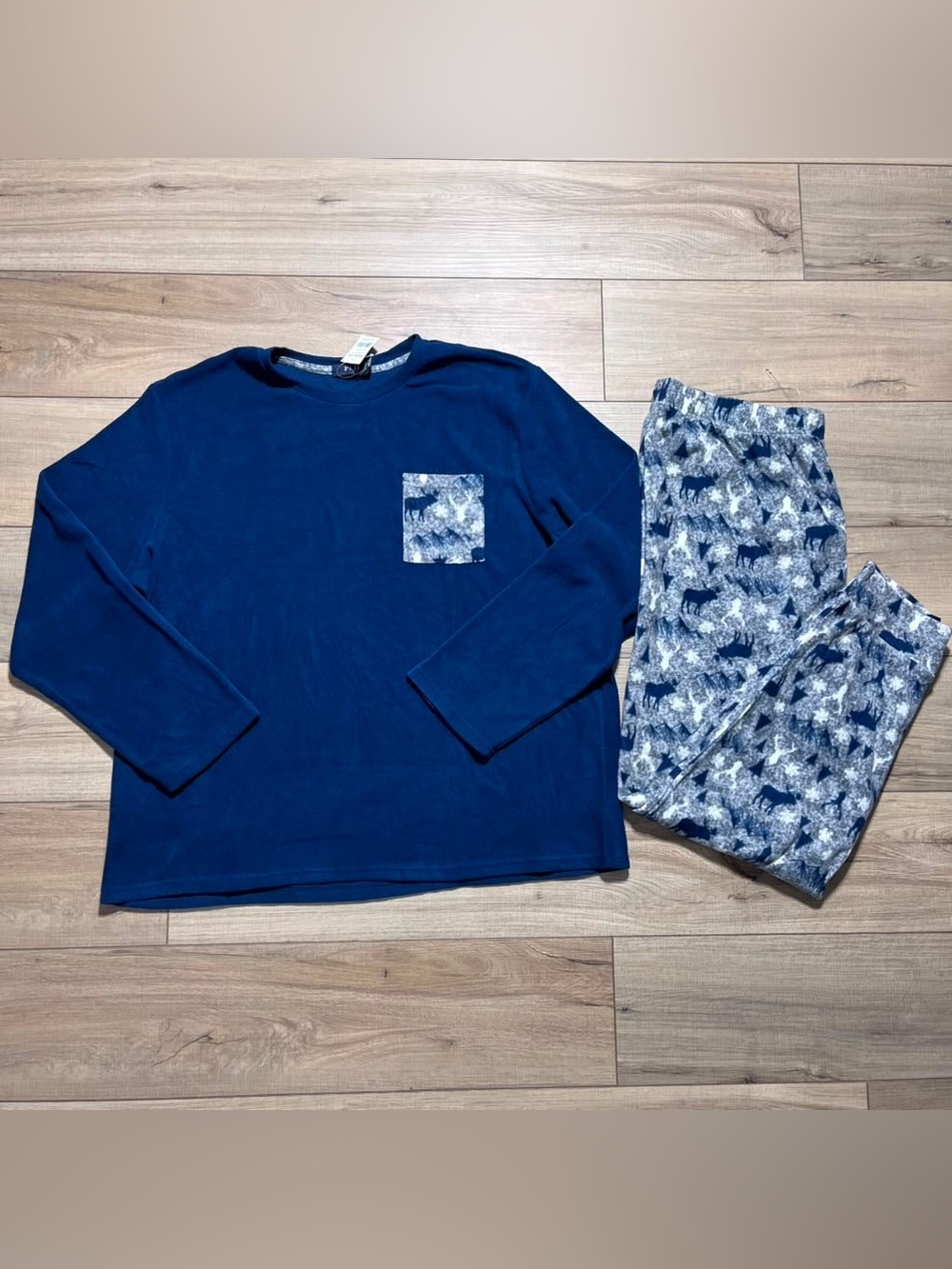 PLD Mens Moose Print Fleece Pajama Set Size XL Navy Blue & Gray